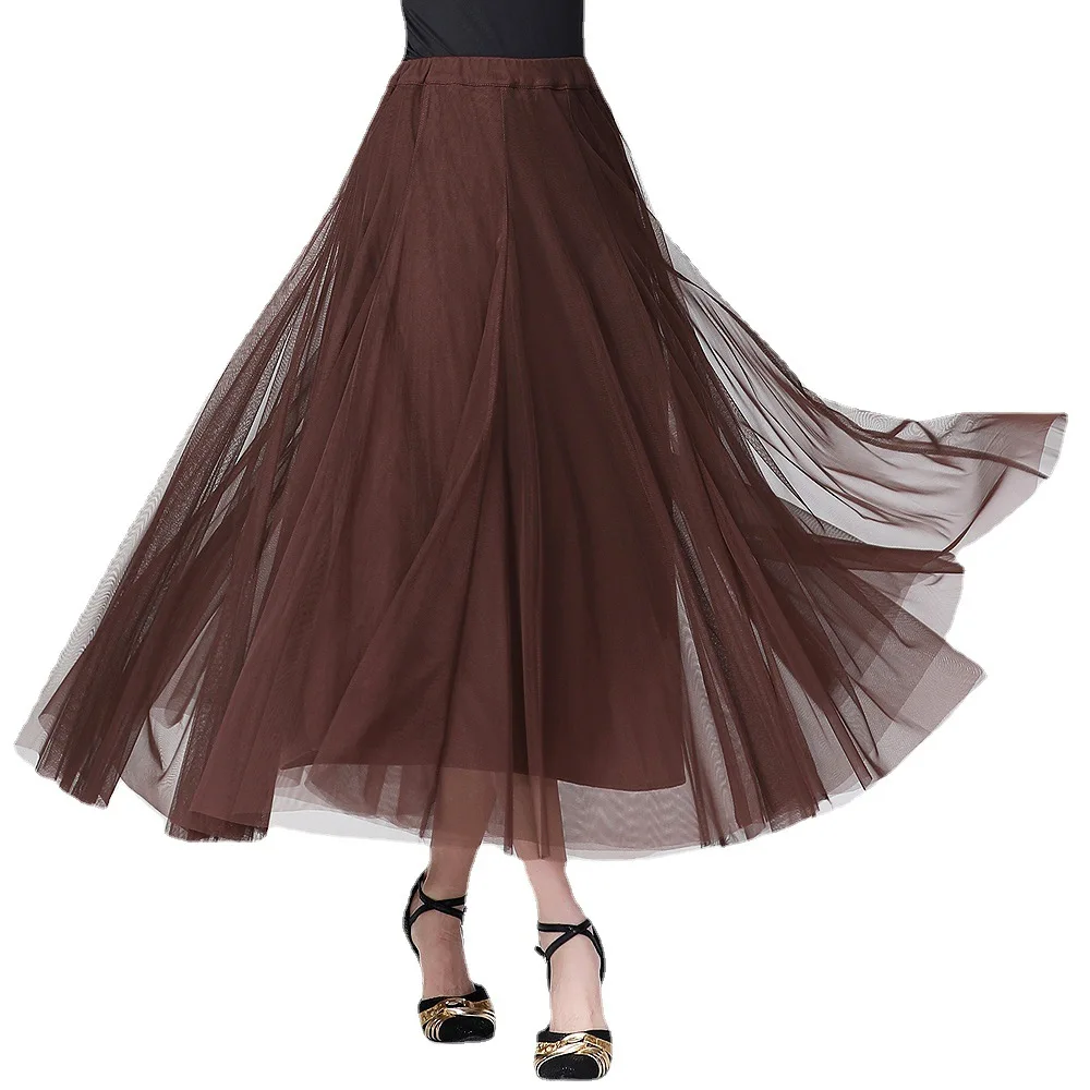 1 ピース/ロット女性ファッション社交ダンスメッシュロングスカート女性固体弾性ウエストワルツダンススカート