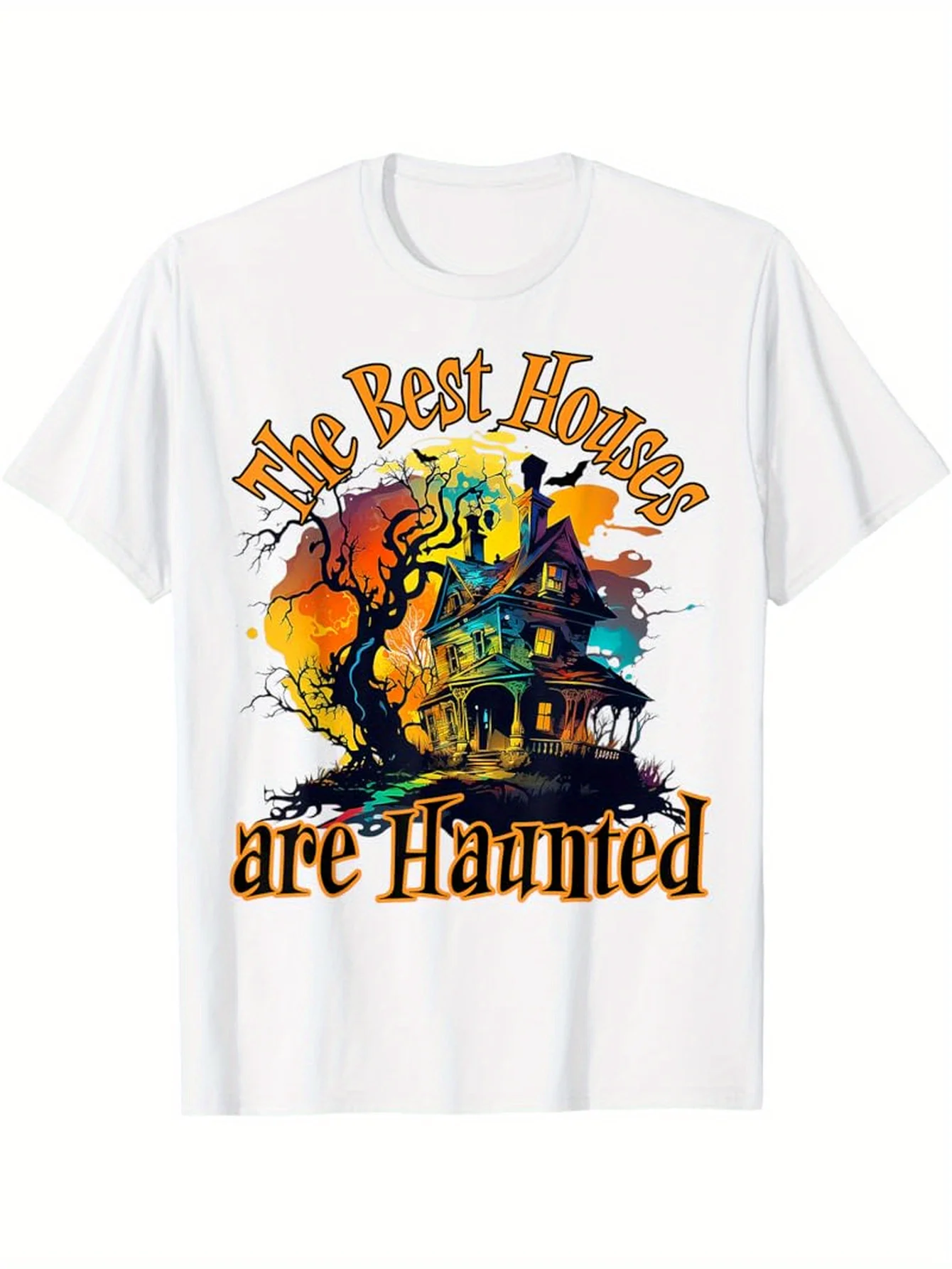 เสื้อยืดผู้ชายลายกราฟิกสำหรับวันฮาโลวีน บ้านที่ดีที่สุดเป็นบ้านผีสิง ลายปราสาทสุดหลอน เสื้อยืดผ้าฝ้ายแท้ ชุดลำลองสำหรับงานแฟนซีปาร์ตี้