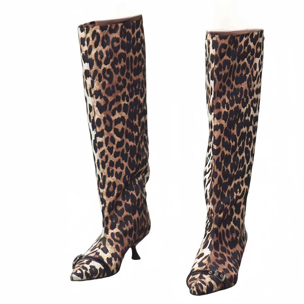 European and American Leopard Print Wide Tube Autumn and Winter New Low Heel Knee High Tube Boots Cross-Border Oversized Shoes