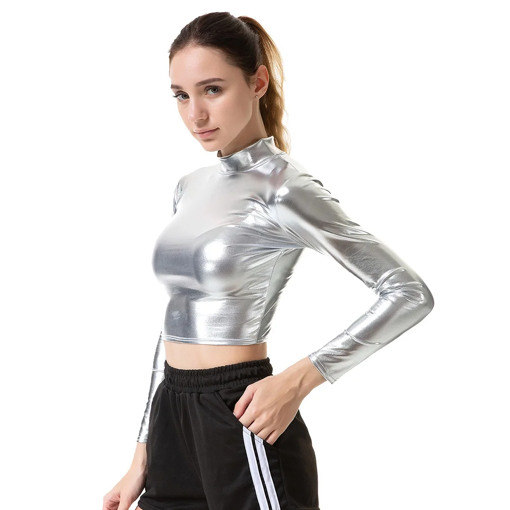 シルバー長袖ビスチェパテントパフォーマンスコスチュームナイトクラブステージ服女性サイズXL光沢のあるセクシーなコスチューム