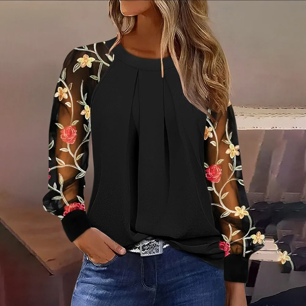 Floral Embroidery Fashion Woman Blouse Summer Elegant Long Sleeve Loose Shirts Blouses Casual Mesh Tops For Women 2024