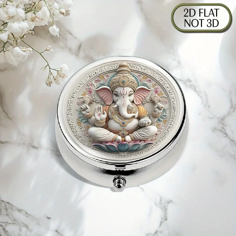 A portable round metal pill box, adorned with a lotus flower and the most iconic colorful image of the Hindu god Shiva – suitable for storing vitamins, medicines for travel, and daily use. Ideal gift for Hindus, cultural design, flat style