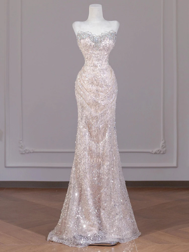 Sexy Champagne Sequins Prom Dresses Sweetheart Strapless Open Back Evening Party Dress Mermaid Sleeveless Formal Occasion Dress