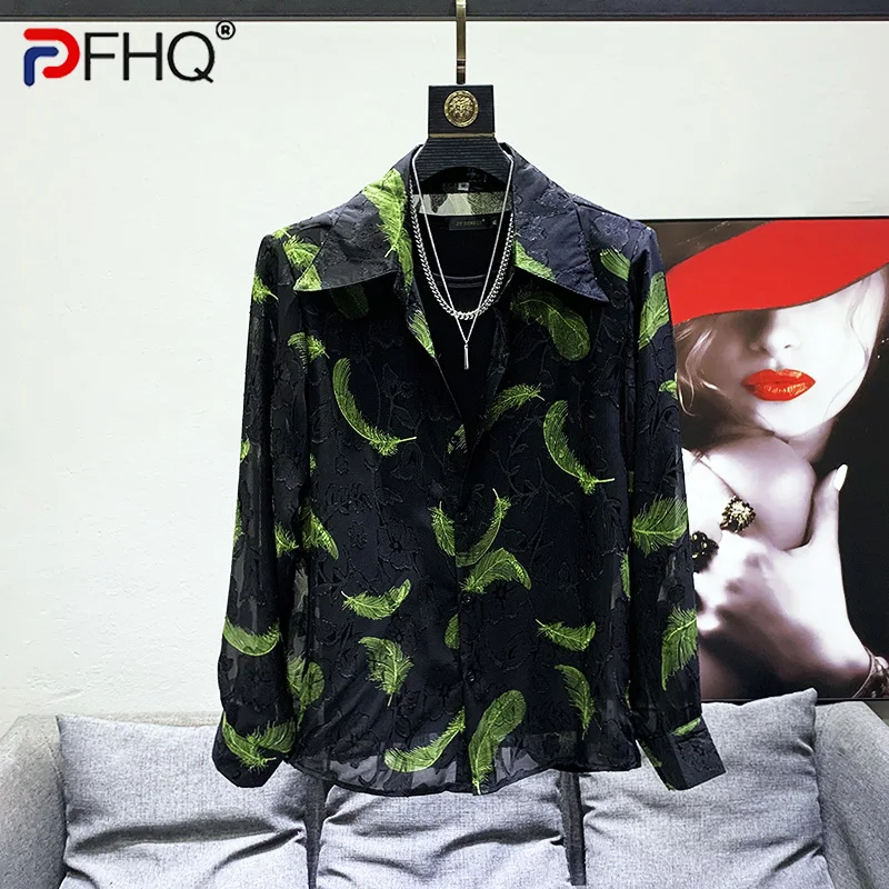

PFHQ Summer New Fashion Feathers Embroidered Shirts For Men Long Sleeve Single Breasted Printing Loose Creativity Tops 21F3810
