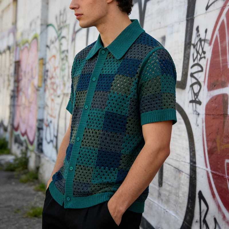 Seaside Beach Hollow Out Casual Shirts Men Vintage Buttoned Lapel Knitting Shirt Spring Summer Mens Sexy See Through Shirt Tops