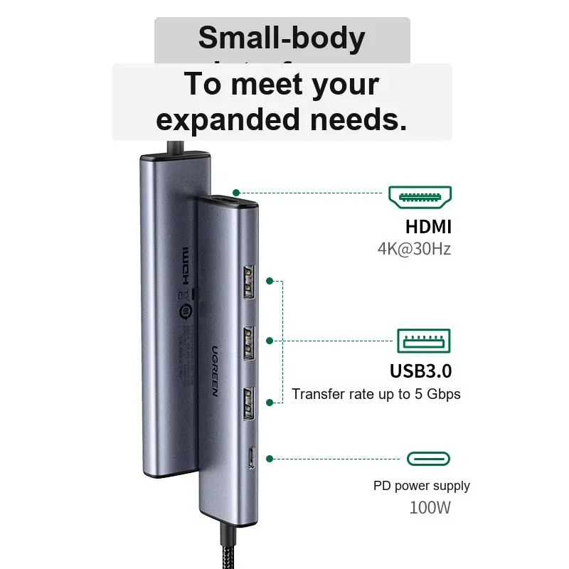 UGREEN 25361 USB C Hub with 1.5m Cable 5 in 1 Docking Station HDMI USB 3.0 PD Type C Adapter