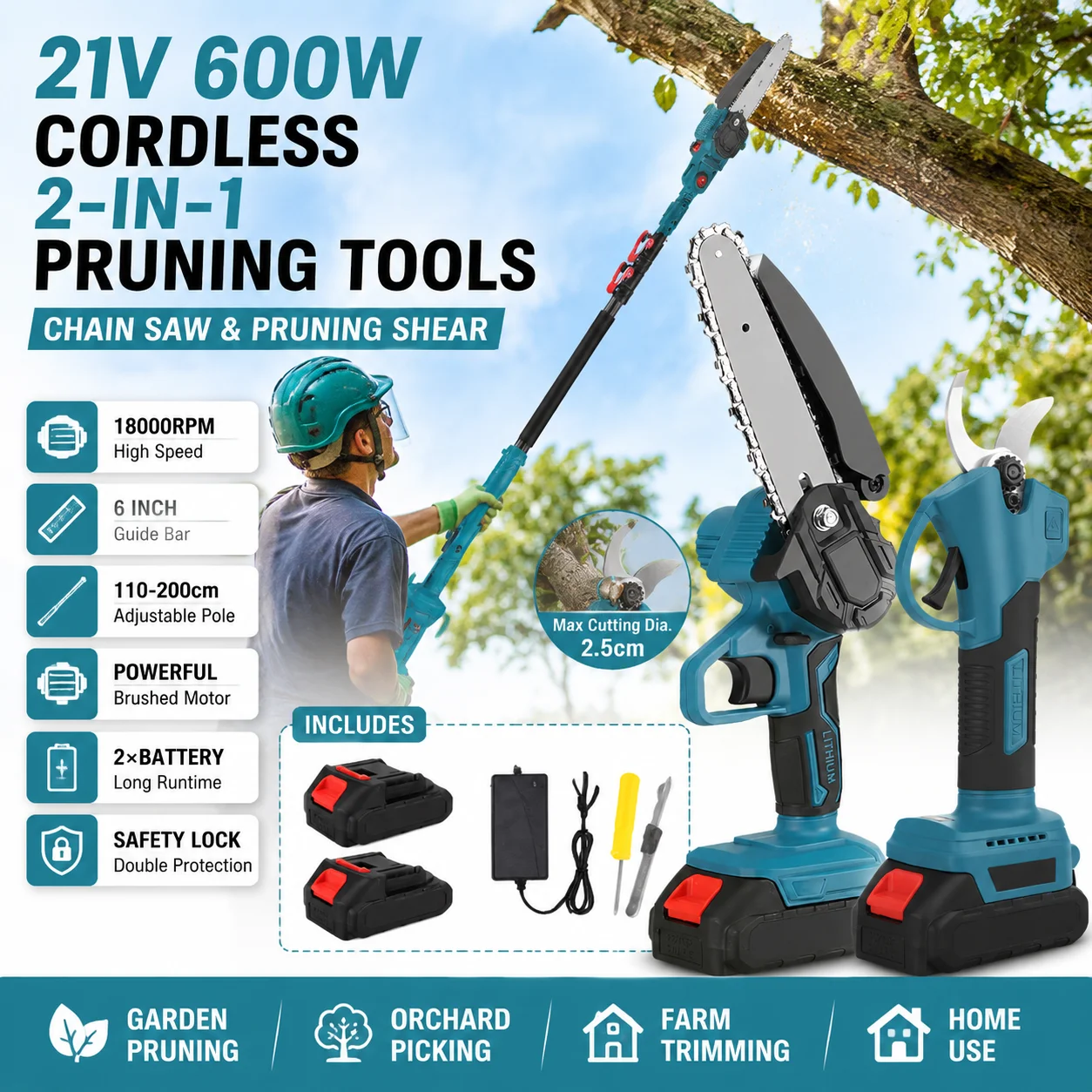 600W Elektrische Astschere mit 2m Teleskopstange, Hochastsäge, Garten-Baum-Schneidwerkzeug mit 2 Batterien