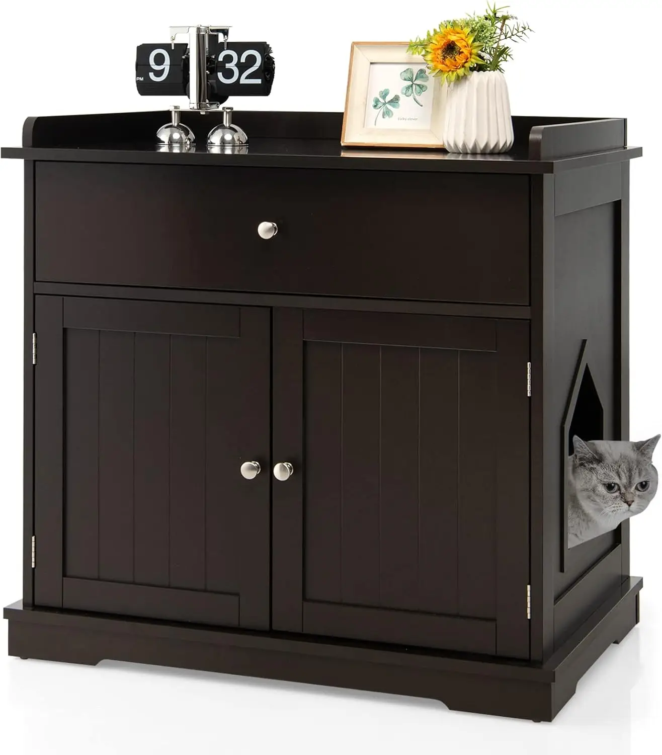 Cat Litter Box Enclosure, Large Cat Washroom End Table with Drawer & 2 Doors, Wooden Cat House Storage Cabinet, Hidden Litter