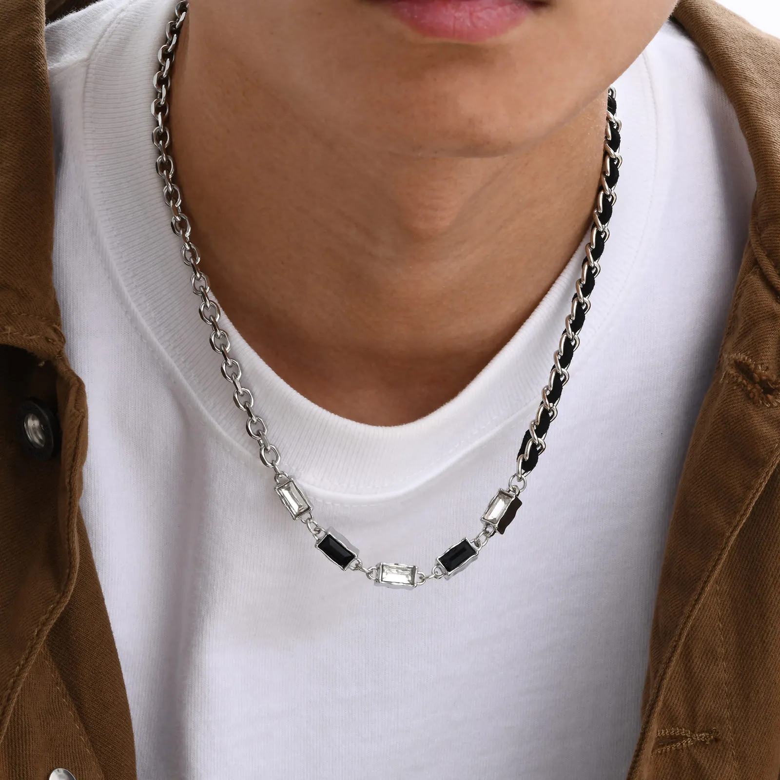 Hip-hop Geometric Necklaces for Men Boys,Black White Geometric Stones Rolo Chain Collar,Stylish Jewelry Gifts for Him