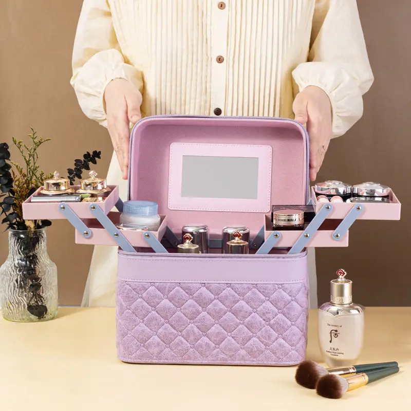 

2026 New Professional Makeup Box Pu Leather Make Up Organizer Women Cosmetic Case with Mirror Travel Large Capacity Suitcase Bag
