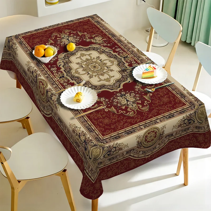 VIKAMA Vintage European Rectangular Tablecloth Red Gold Baroque Pattern Waterproof Dining Table Cover Home Decor