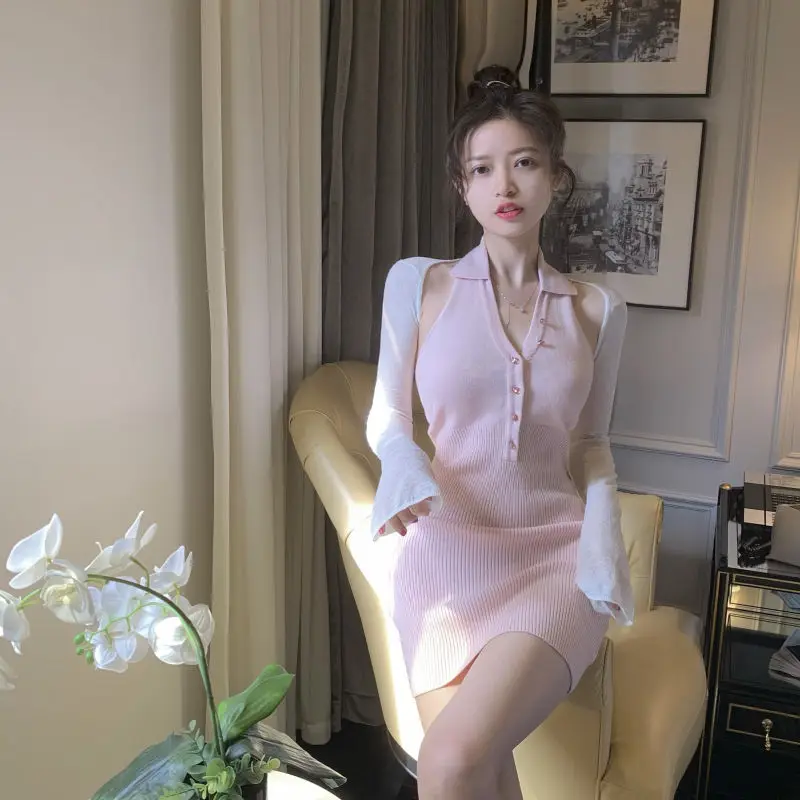 Korean Style Chic V-neck Vacation Dresses Women Summer Vintage Simple Solid Sweet Slim Backless Knitted Dress