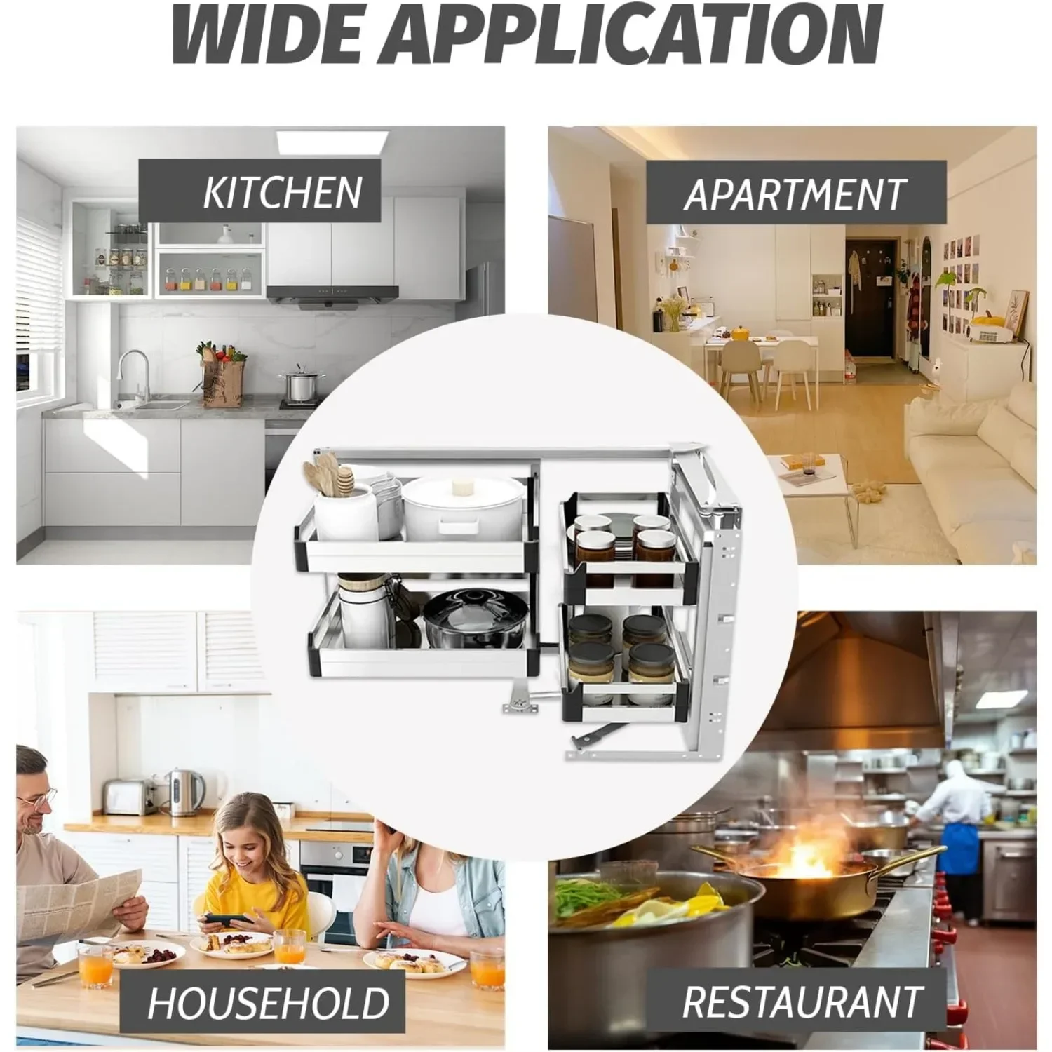 Pull Out Cabinet Organizer Right Swing,2 Tiers Slide Out Kitchen Cabinet, Opening Chrome Soft Close Blind Corner with Four Shelf