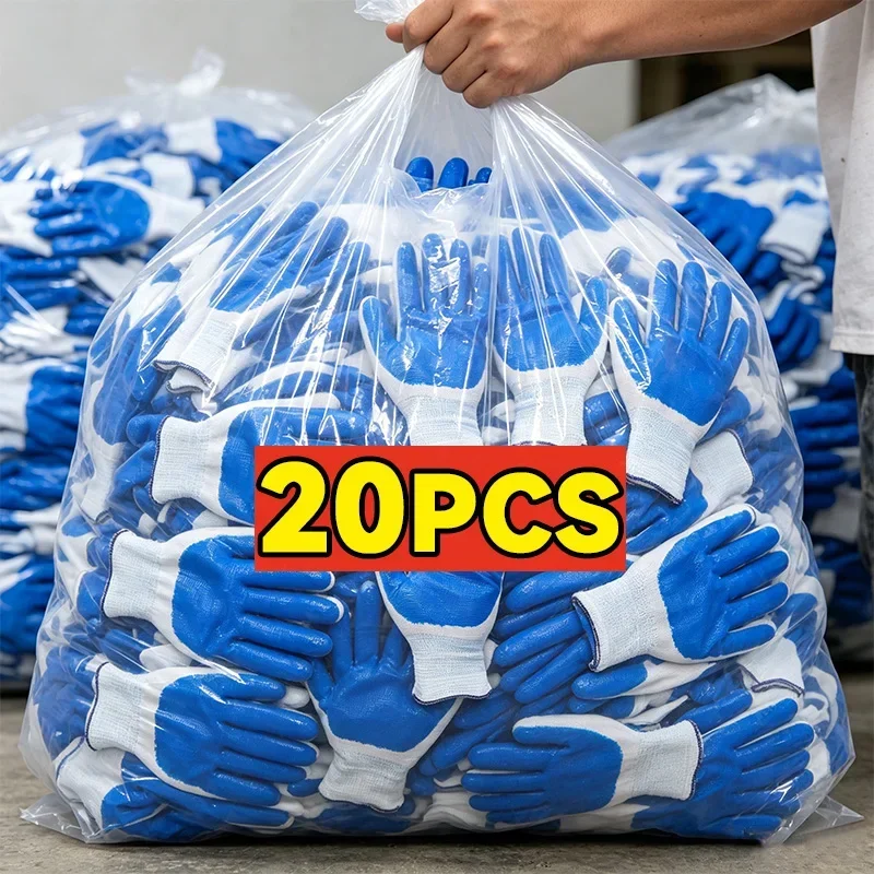 1-20pairs Blule White Non-slip Wear-resistant Breathable Gloves Industrial Labor Building Construction Safety Mittens Work Glove