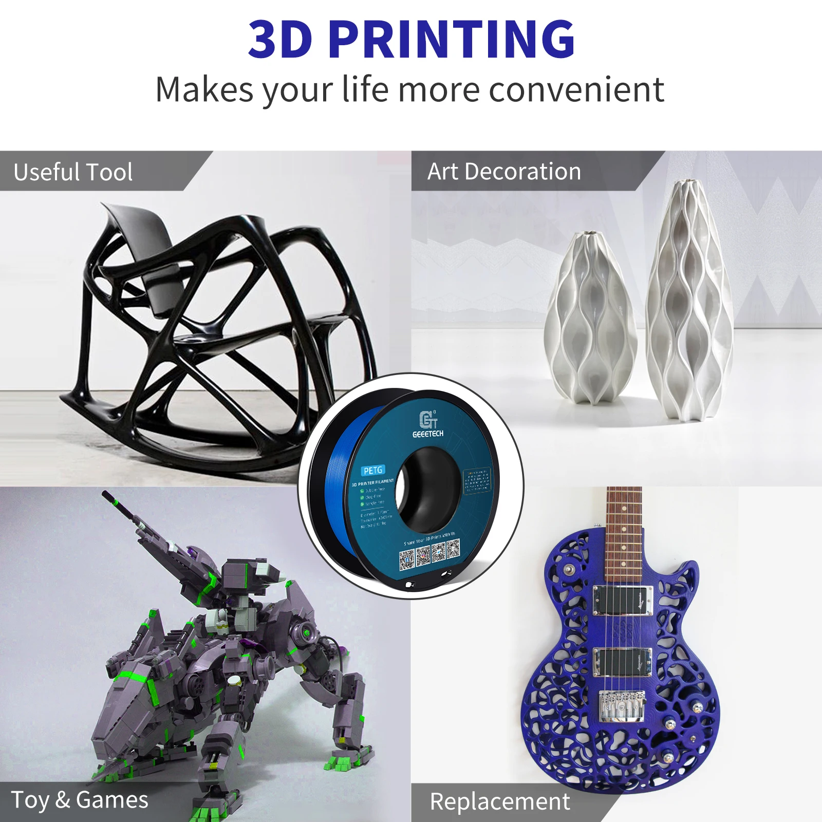 Geeetech, filament PETG o gramaturze 1,75 mm, 5 kg, do druku 3D, pakowany próżniowo, dostępny w lokalnych magazynach, kolorowy plastik, pasuje do większości drukarek 3D FDM. — zdjęcie produktu 2