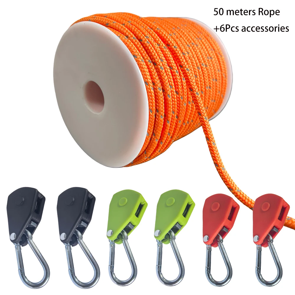 

50-метровый светоотражающий шнур для палатки 4 мм и 6 шт. фиксаторов для ветровых веревок, ремень-шнурок для кемпинга на открытом воздухе, веревка для белья