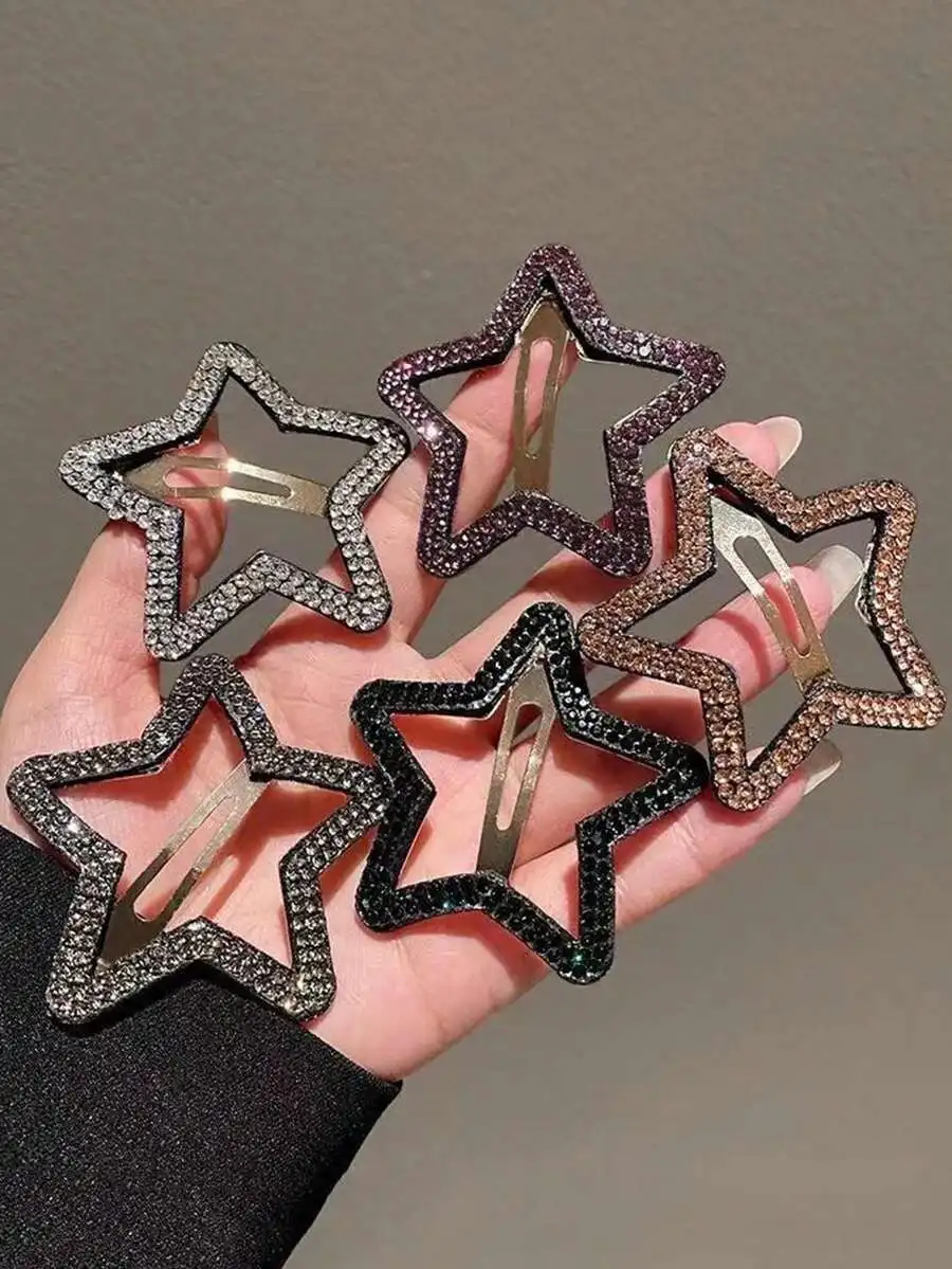 

5pcs/Set Sparkling Star Hair Clips, Colorful Rhinestone Hair Clips, 6cm Metal Hair Clips, Elegant 5-Star Hairband Clips, Hair Accessories For Girl To Style Side Braids, Random Colors