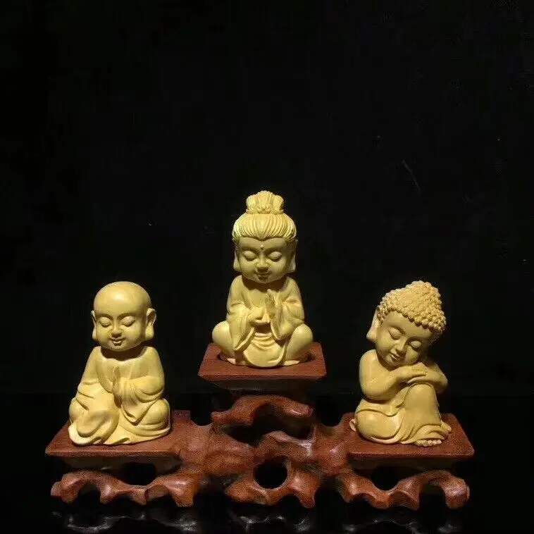 

1Set 4Pcs Chinese Boxwood Huang-yang wood carving 3 Buddhas statue+Base.