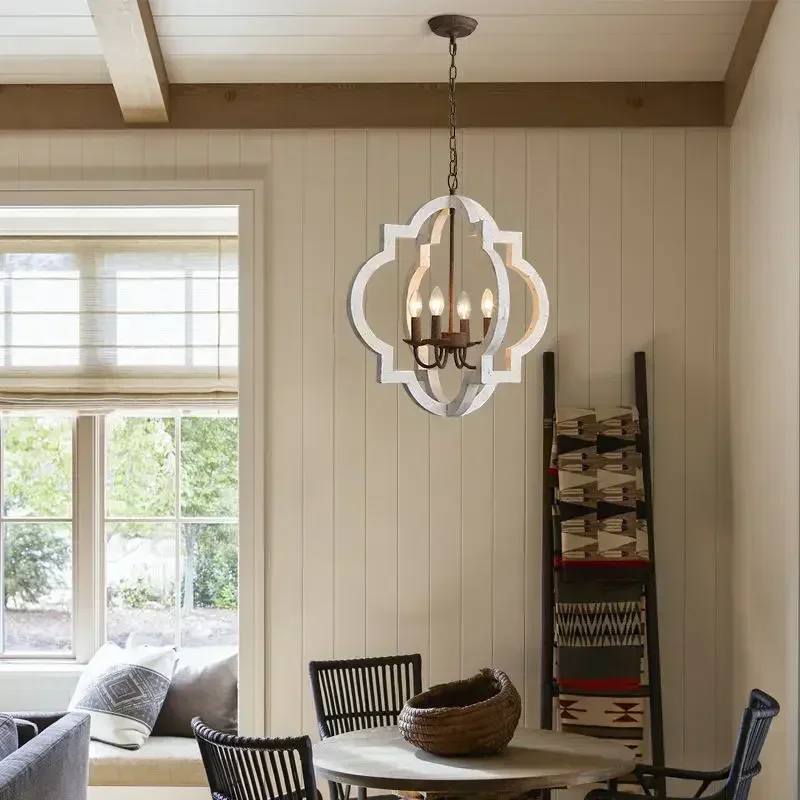 Rustic Farmhouse Metal Chandelier Lighting Distressed Wood Ceiling Light Fixture Kitchen Entryway Foyer -4 Lights