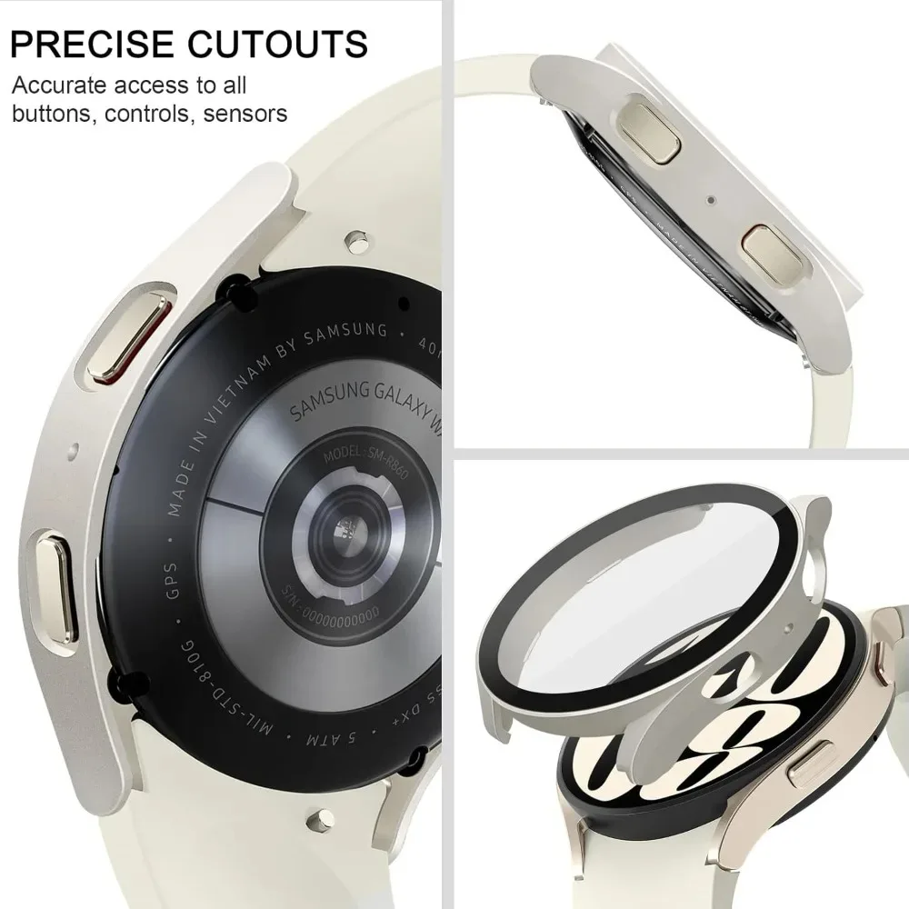 Displayschutzfolie für Samsung Galaxy Watch 7, 6, 5, 4, 40 mm, 44 mm, mattes Hart-PC-Gehäuse, gehärtetes Glas, vollständige Schutzhülle, Stoßstange