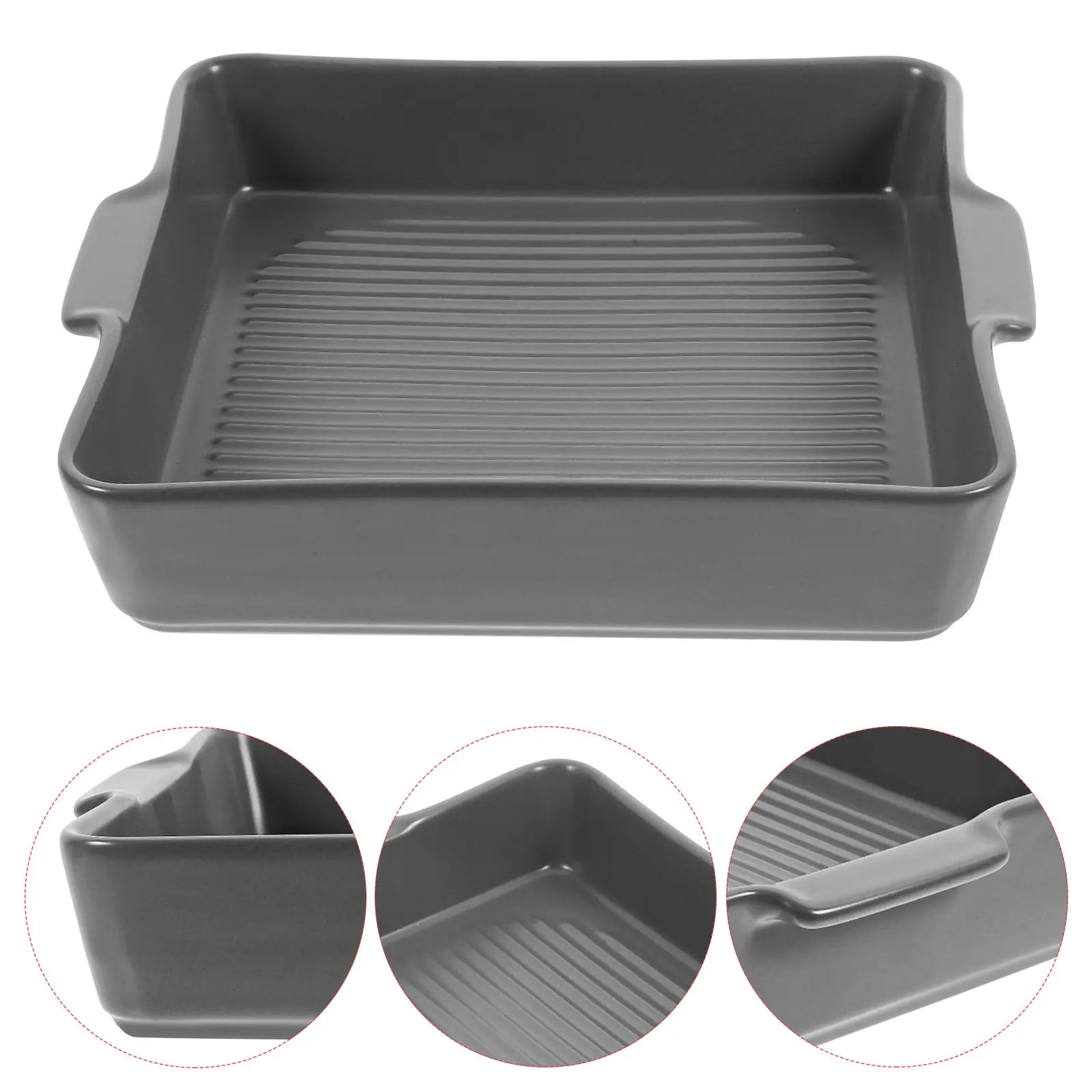 

1Pcs Ceramic Baking Tray Grey High Temperature Resistant Baking Plate Nonstick Handle Design Oil Drain Kitchenware for Oven