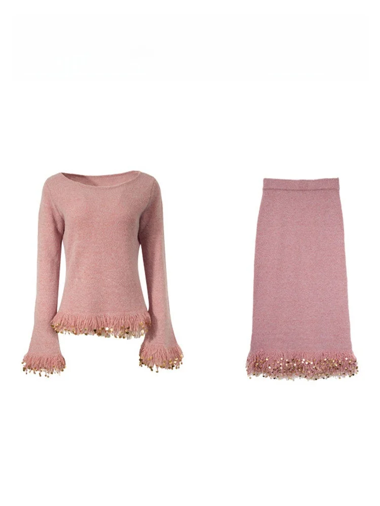 

Korean Sle Ele Two-Piece Set Women's Pink Sequin Sweater Beautiful Skirt Spring New High-End Sensation f-length Skirt