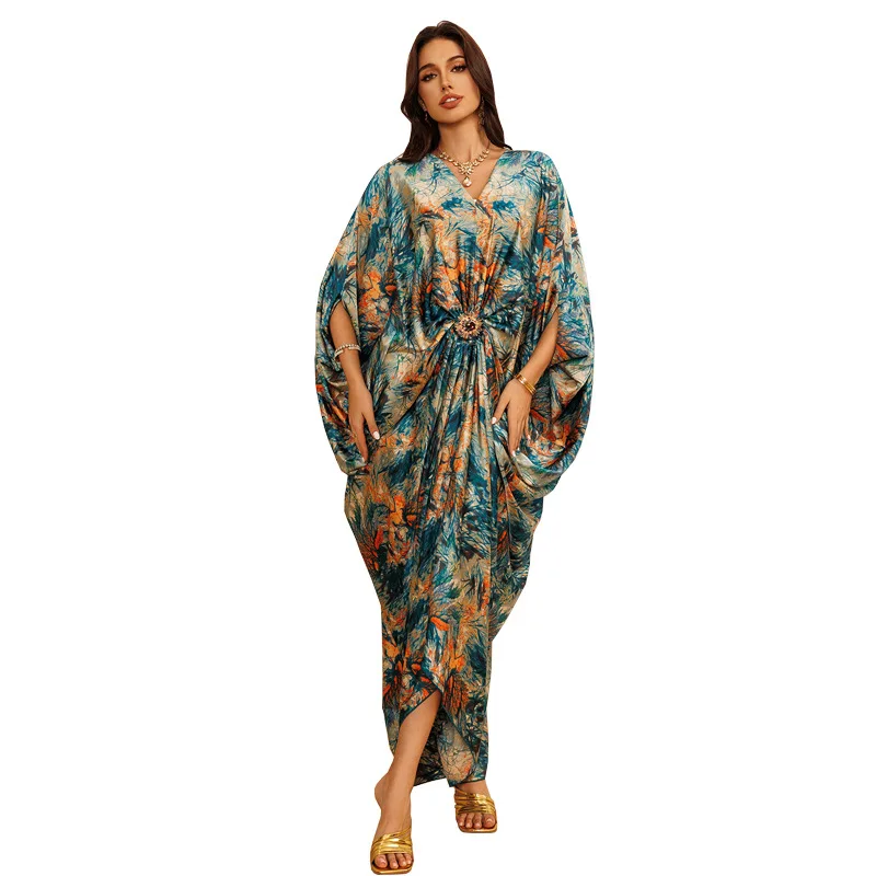 

Элегантная Абая с цветочным принтом Дубай Мусульманская Абая Скромный длинный кафтан Абая с принтом Вышитый халат Джалабия для женщин Скромная Галабия