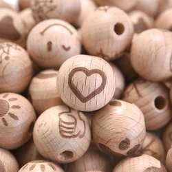 DIY 50Pcs 16mm Wooden Beads Printing Beads Heart Moon Beech Round Spacer Natural Baby Teether Lead-Free Wooden Balls Accessories