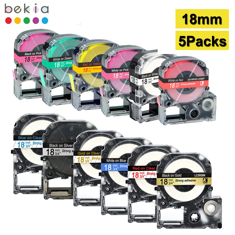 5PK Label Tape SS18KW LC-5WBN 18mm Cassette Ribbon Labels Compatible Epson/KingJim LW-300 LW400 LW-400 LW700 Label Maker Printer