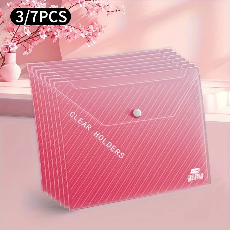 Large Capacity Pink A4 File Bags - 3/7pcs, Transparent Office & Study Organizer Storage Pouches