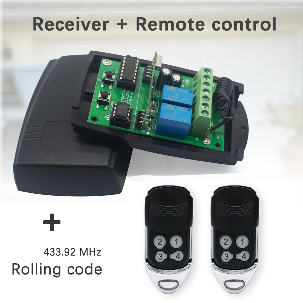 Universal 433MHz Rolling Code RF Receiver 2 Channel Garage Gate Door Opener Remote Control Kit With 2 Wireless Key Fobs