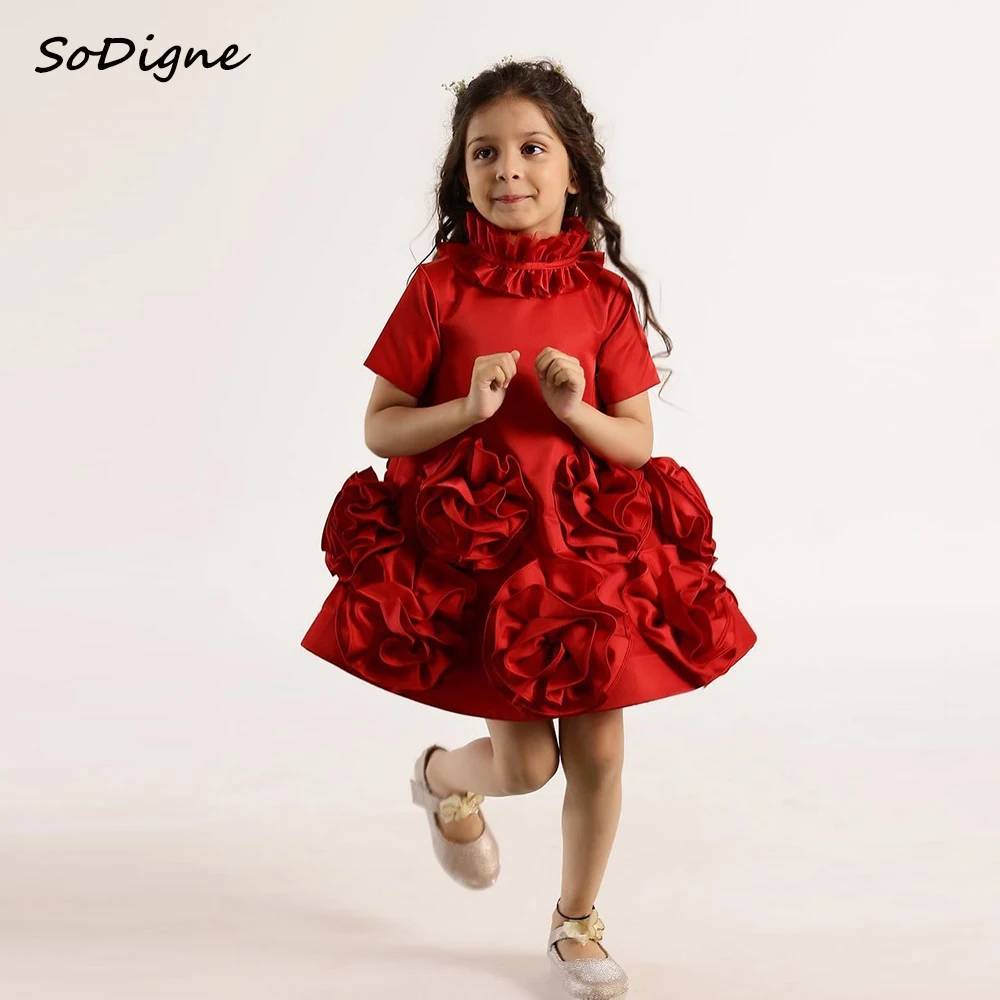 

SoDigne A-line Satin Mini Flower Girl Dress High Neck Short Sleeves 3D Flower Skirt Arab Kid Birthday Party Gown Customized