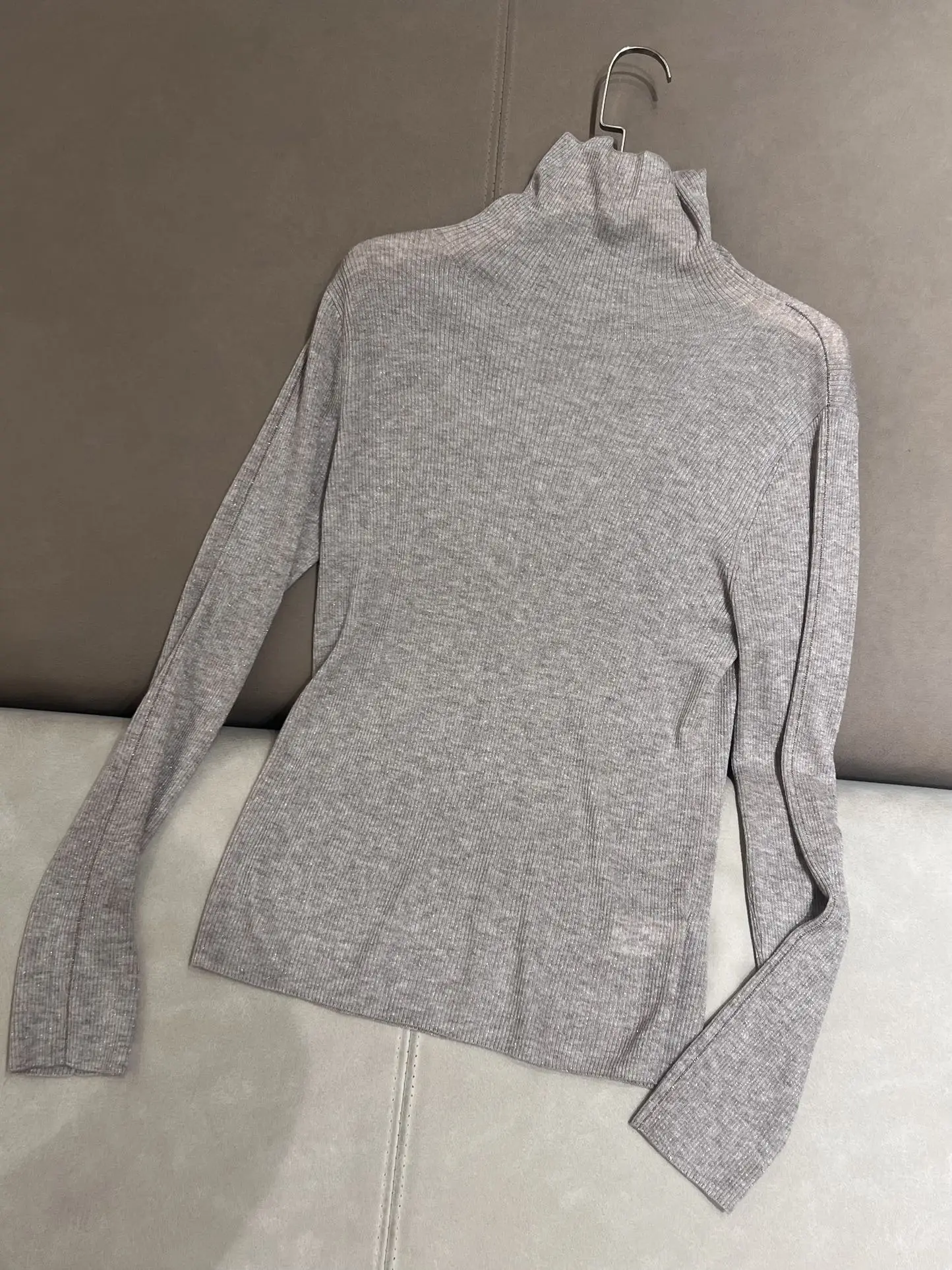 Autumn B*C Women\'s Ultra-thin High-Necked Wool Bottoming Shirt Long-sleeved Knitted Sweater Sparkling Pullover