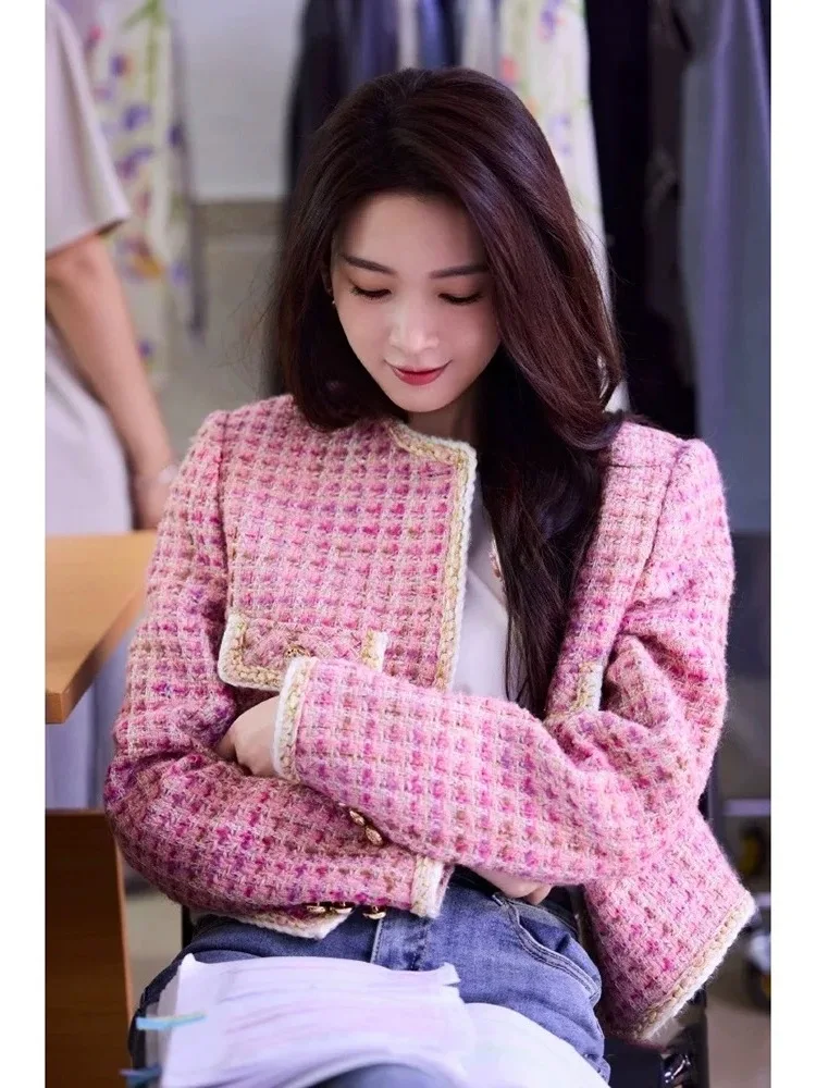 

Розовый твидовый вязаный кардиган Chen Ya, винтажный женский персональный тонкий топ с круглым вырезом на пуговицах для поездок на работу, Long Sve round Ne