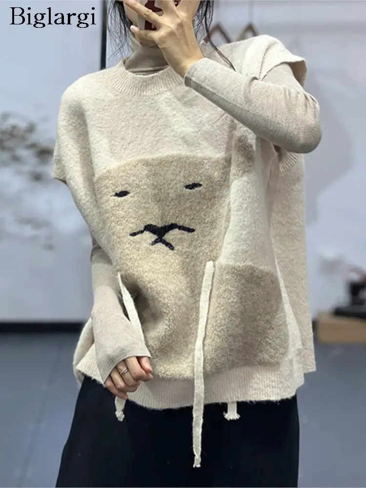 

Oversized Winter Pullover Knitted Vest Tops Women Sleeveless Fashion Cartoon Print Ladies Sweaters Vests Loose Woman Tops 2023