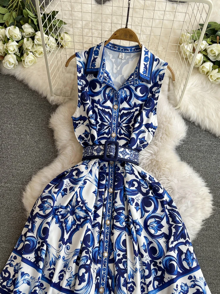 Hikigawa Chic Fashion Women Summer Vintage Turn Down Collar Sleeveless Dresses Belted Slim Waisat Blue White Print Vestidos