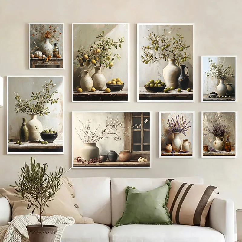 Vintage Still Life Poster Prints Lemon Olive Tree Plants in Vase Wall Art Canvas Painting Botanical Antique Home Room Decor