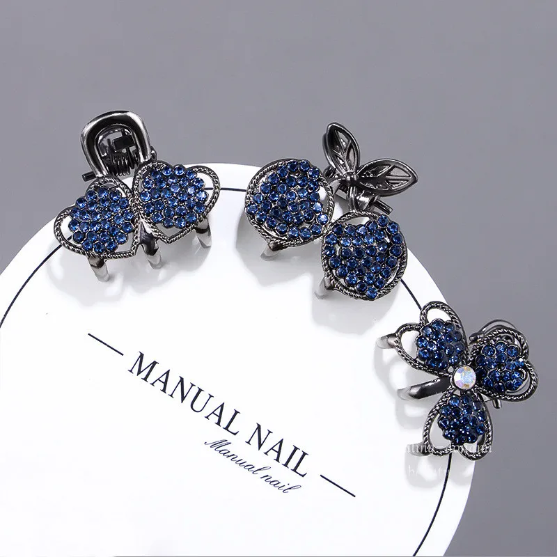 Exquisite Blue Rhinestone Love Flower Small Hair Claw New Sweet Cute Princess Head Top Clip Forehead Bangs Side Clip Hair Slide