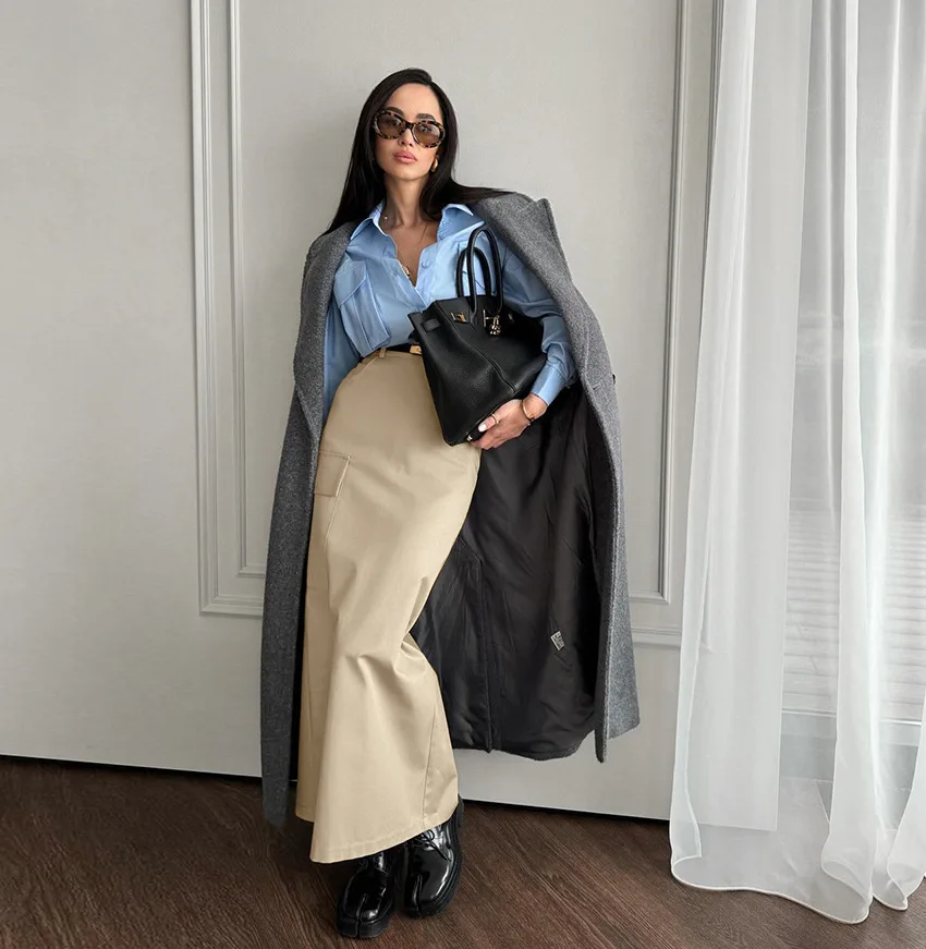 

BKLD Elegant Office Ladies Skirts New Fashion 2024 Autumn Workplace Khaki High Waist Slim Fit Mid Length Skirts Women Clothing