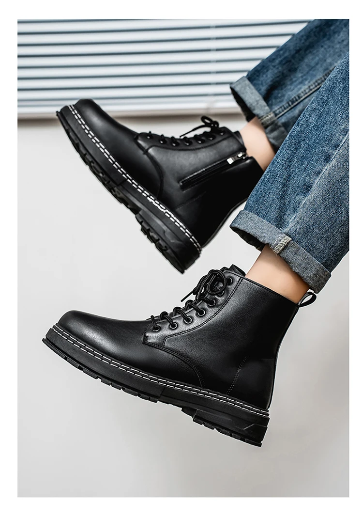 Britischer Stil Schwarze Hohe Arbeitsstiefel, Plattform-Höhenverstellbare Knöchelstiefel für Outdoor & Pendeln – Detail 13