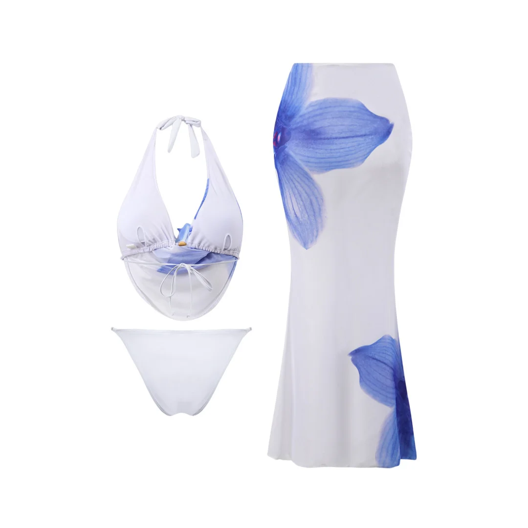 S - XL Mit Rock Blumenmuster Bikini Damen Bademode Weiblicher Badeanzug Dreiteiliges Bikini-Set Badeanzug Schwimmanzug V7996 – Detail 3