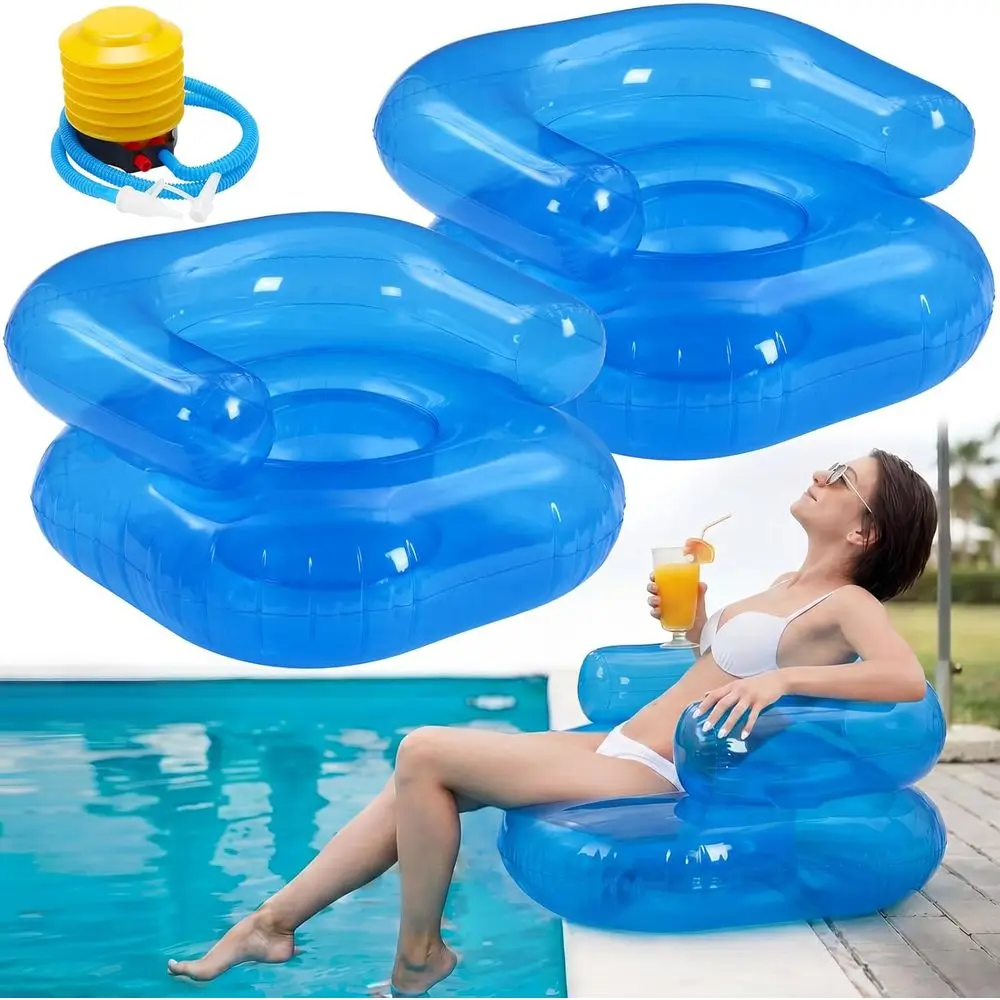 2 Pcs Portable Poolside Chairs Beach Chair with Pump, Floor Backrest Chair, Light Lazy Seat Indoor Outdoor, Edge of Pool Beach L