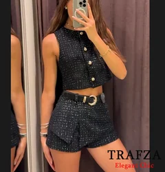 TRAFZA Women Fashion Black Vest Shorts Set Buttons Vest + Short with Belt New 2024 Spring Summer Romantic Glamorous Shorts Set