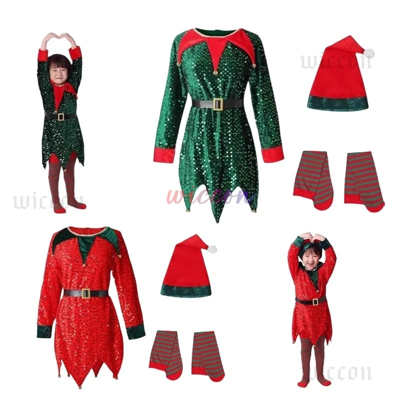 

Kids Santa Claus Cosplay Costume Children Christmas Xmas Suit Dress with Striped Socks Festive Outfit Boys Girls Carnival Party