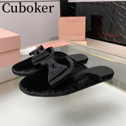 2024 Spring Velvet Flat Black Women's slippers Round Toe Bow tie Mules Women Slippers Casual Non slip Home Loafers for Women