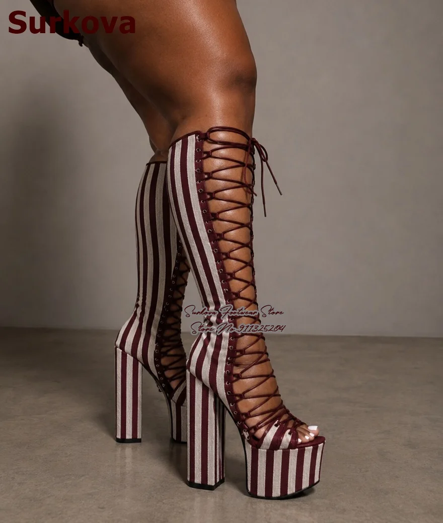 Burgundy White Striped Peep Toe Platform Knee High Boots Lace Up Cutout Chunky Block Heel Middle Boots Pole Dance Stage Shoes