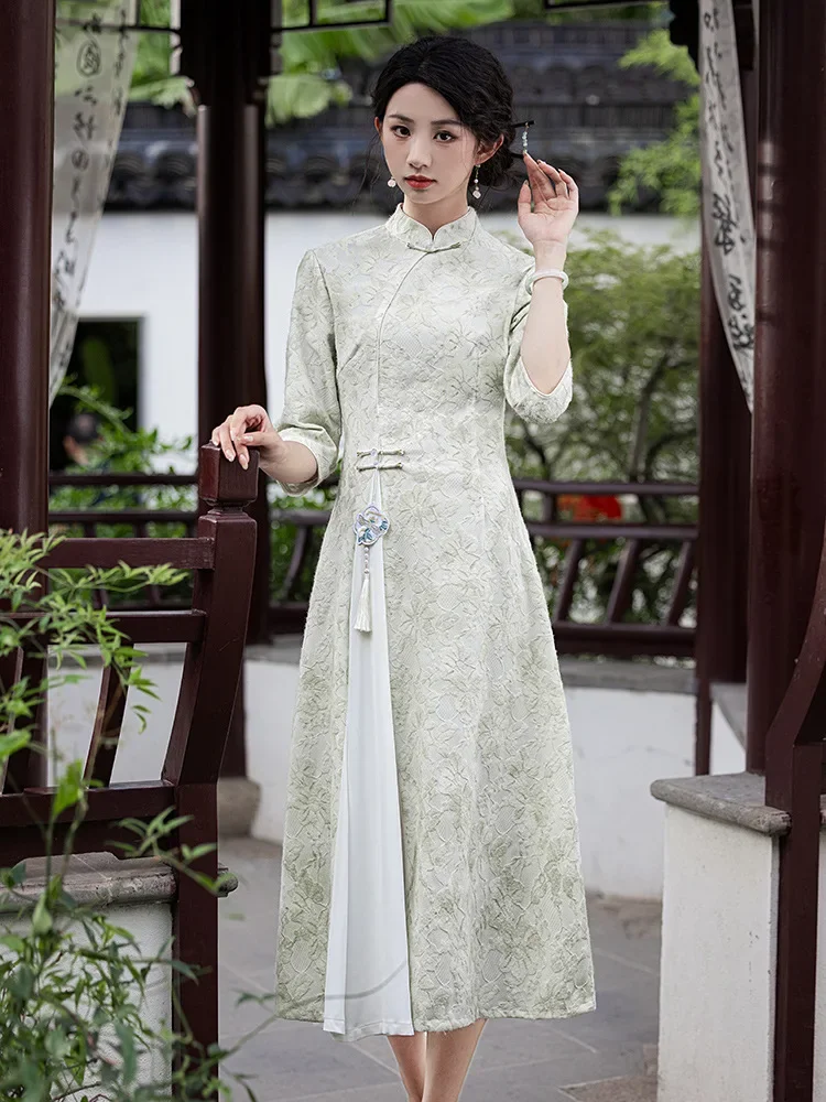 

Plus Size 3XL Vintage Chinese Style Dress Qipao Elegant Women Cheongsam Sexy Print Long Sleeves Vestidos Causal Dresses Gown