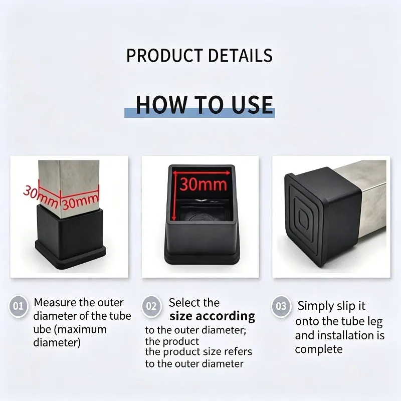 Square Rectangle Black Rubber Chair Leg Caps PVC Non Slip Table Feet Pads Furniture Tube End Covers Floor Protector Pipe Plugs