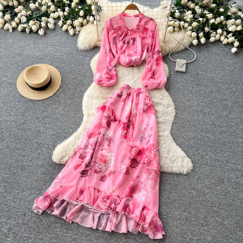 

Pink/Blue Floral Print Two Piece Set Women V-Neck Ruffle Blouse with Tie Long A-Line Skirt with Ruffles French Elegant Style New