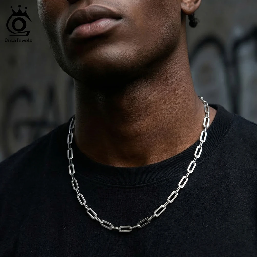 

ORSA JEWELS 925 Sterling Silver Twisted Paper Clip Chain Necklace Unisex Link Chain Choker Necklaces Simple Chic Hip Hop SC41